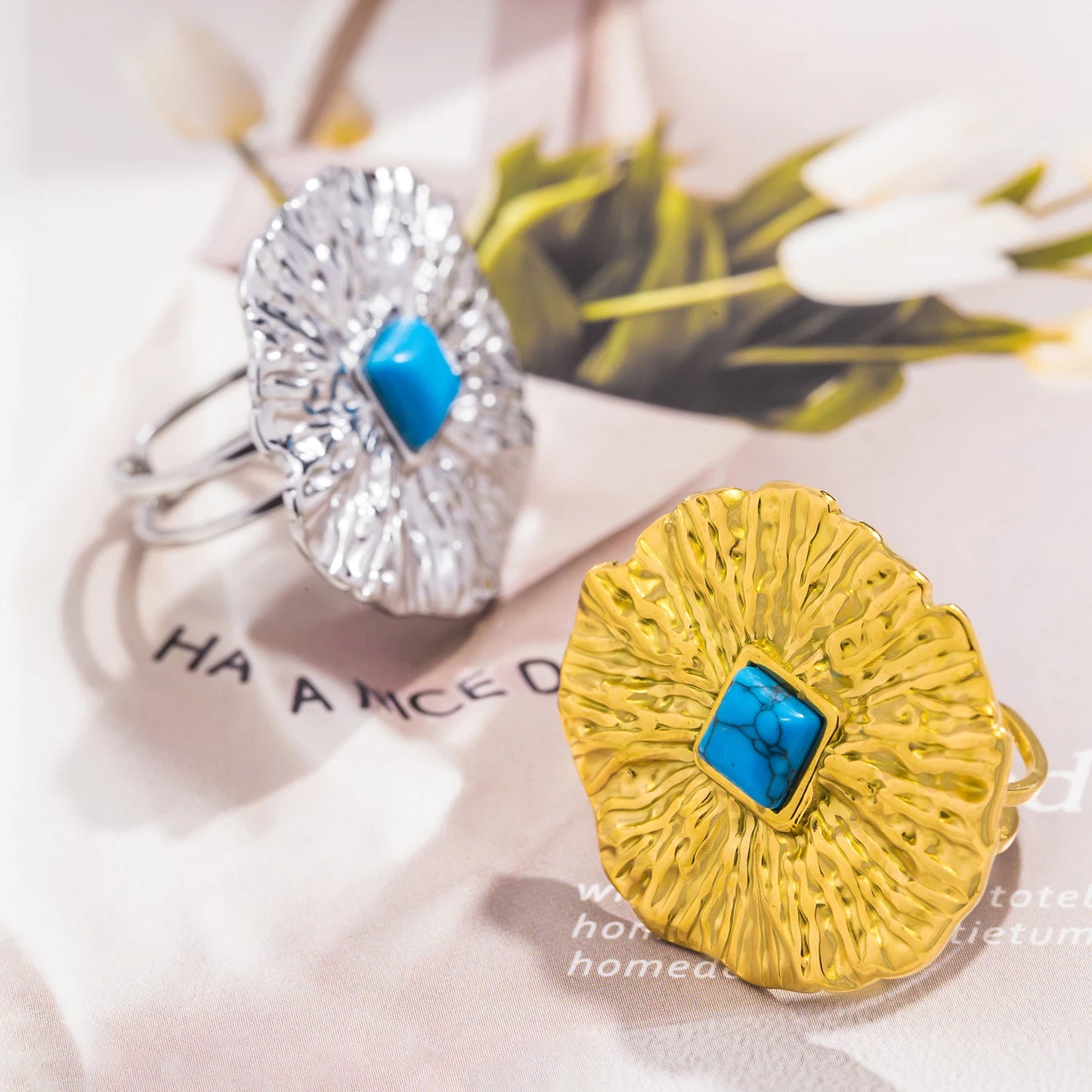 Luxury Natural Stone Stainless Steel Geometric Open Ring Gold Color 18K PVD Plated High Quality France Finger Jewelry