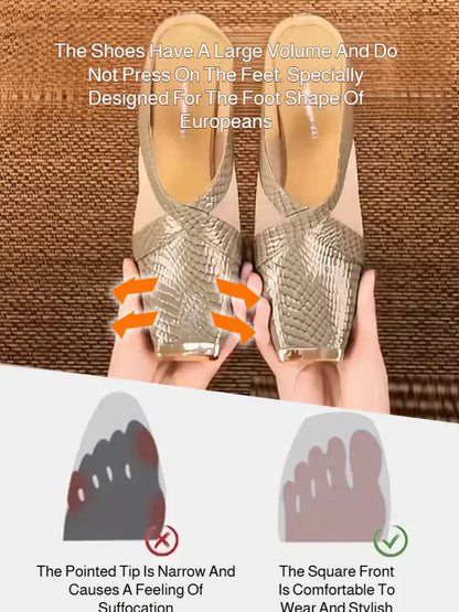 Women's outdoor sandals snakeskin thick heel mesh half slippers square toe sandals