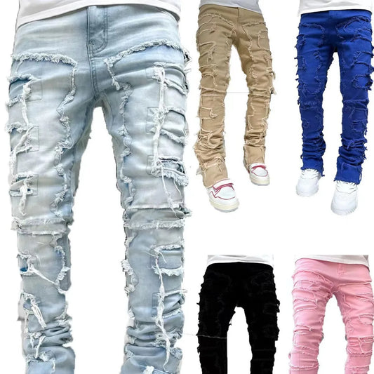 Spliced Distressed Denim Pants Men Jeans Ripped Mid Waist Pockets High Street Jean Skinny Washed Ankle Length Pencil Pants