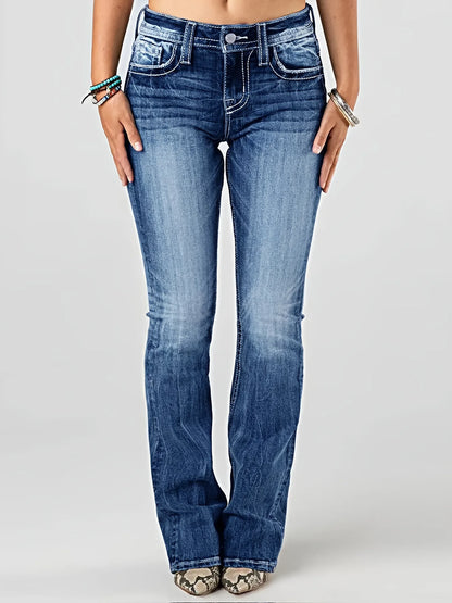 Women Embroidery Pockets Distressed Jeans Mid Waist Stretch Slim Fit Pants Vintage Denim Trousers Autumn Female Streetwear