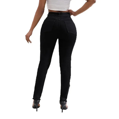 Women Jeans Denim pant High Waist Pencil Pants Holes Slim Fit Pockets Sexy Streetwear Solid Sheath Distressed Ankle Length 2025