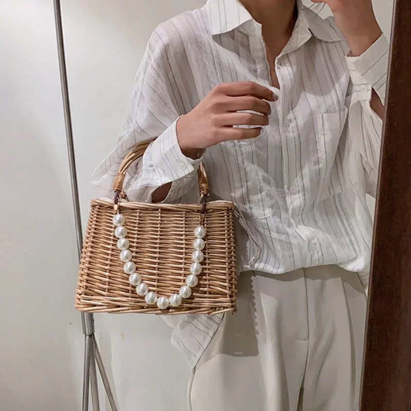 Straw Bags for Women Square Handbags Summer Rattan Shoulder Bags Handmade Knitted Storge Small Totes Bag 2025 New Fashion women