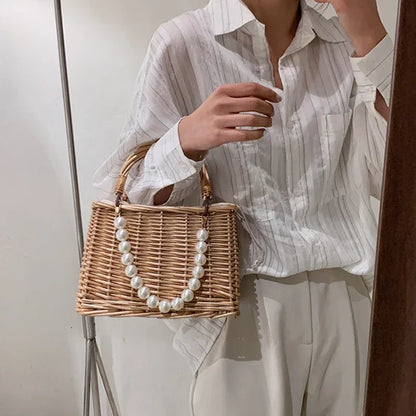 Straw Bags for Women Square Handbags Summer Rattan Shoulder Bags Handmade Knitted Storge Small Totes Bag 2025 New Fashion women