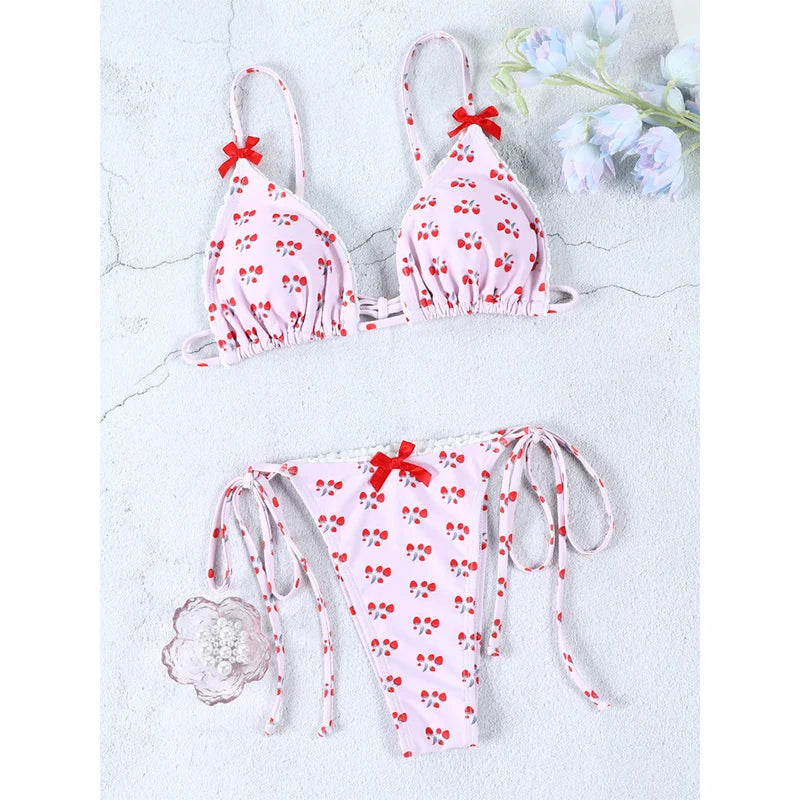 Push Up Bikini Set Bow Swimwear Women Plaid Bikinis String Beachwear Two Piece Suit Biquini Bandage Bathing Suit