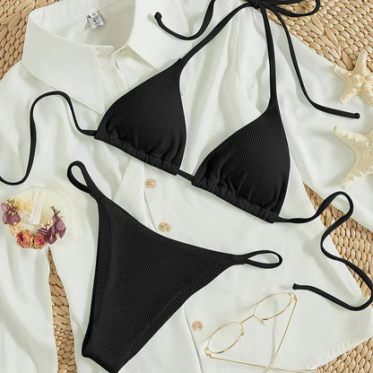 Special Pit Stripe Fabric Bikini Set Women Sexy Simple Solid Halter Bikini Swimsuit High Waisted Lace Up Beach Bathing Suit