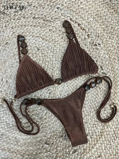 Casual Bikini Set Women Beading Wrinkles Lace up Beach V-neck Sets Female Bohemian Holiday Stylish Suits Lady Vocation Sexy