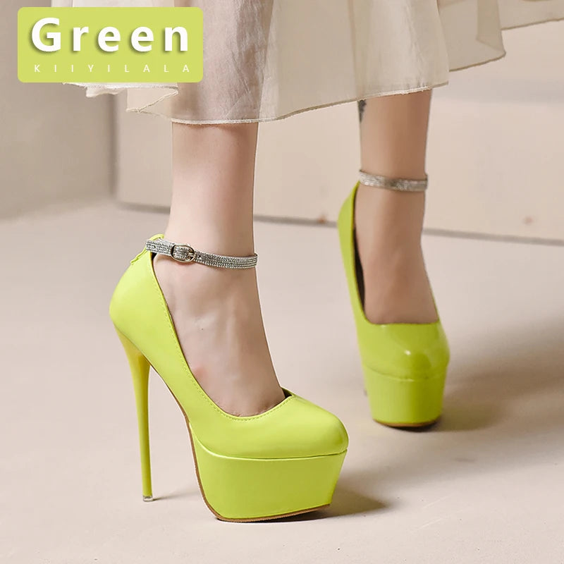 2024 Women Party Disco Dance 5.5cm Platform Pumps Buckles Super High Thin Spike Heels Fashion Dress Party Red Big Size 49 50