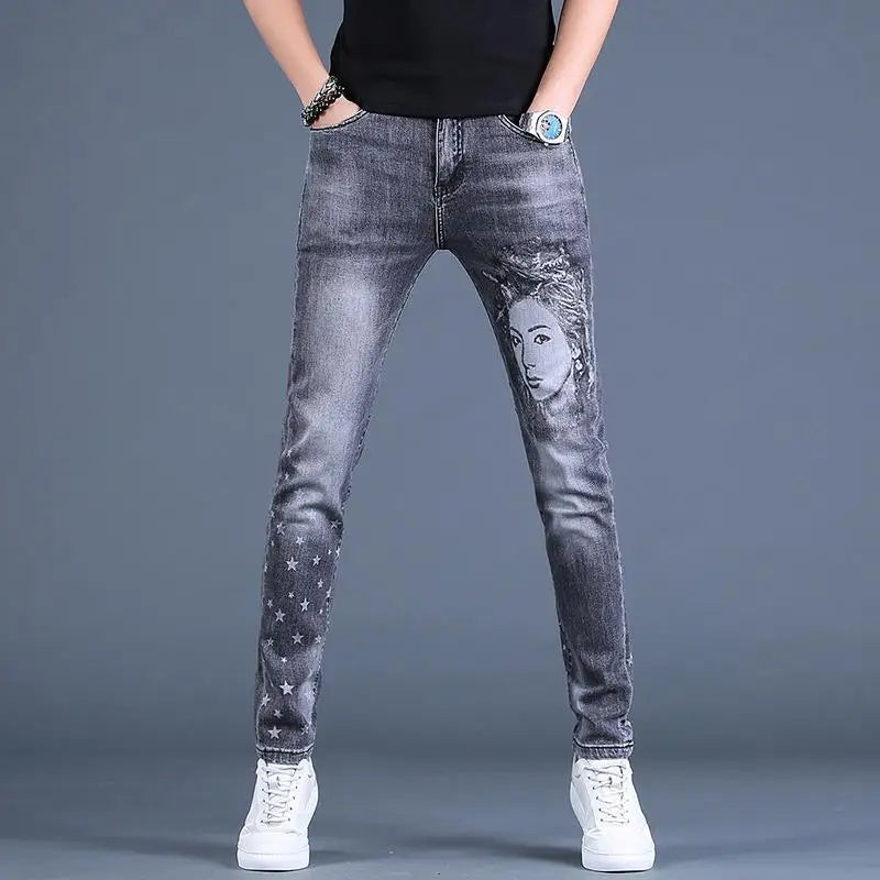 Trendy Luxury Clothing Men Korean Casual Denim Jeans Printed Patterns Slim Designer Spring Autumn Streetwear Cotton Trousers