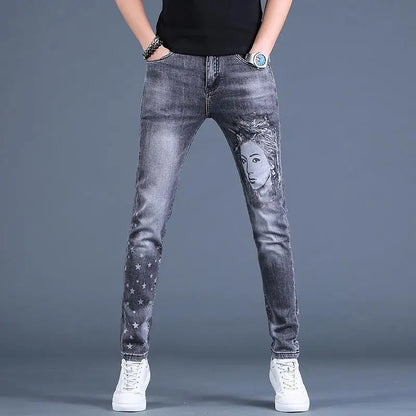 Trendy Luxury Clothing Men Korean Casual Denim Jeans Printed Patterns Slim Designer Spring Autumn Streetwear Cotton Trousers