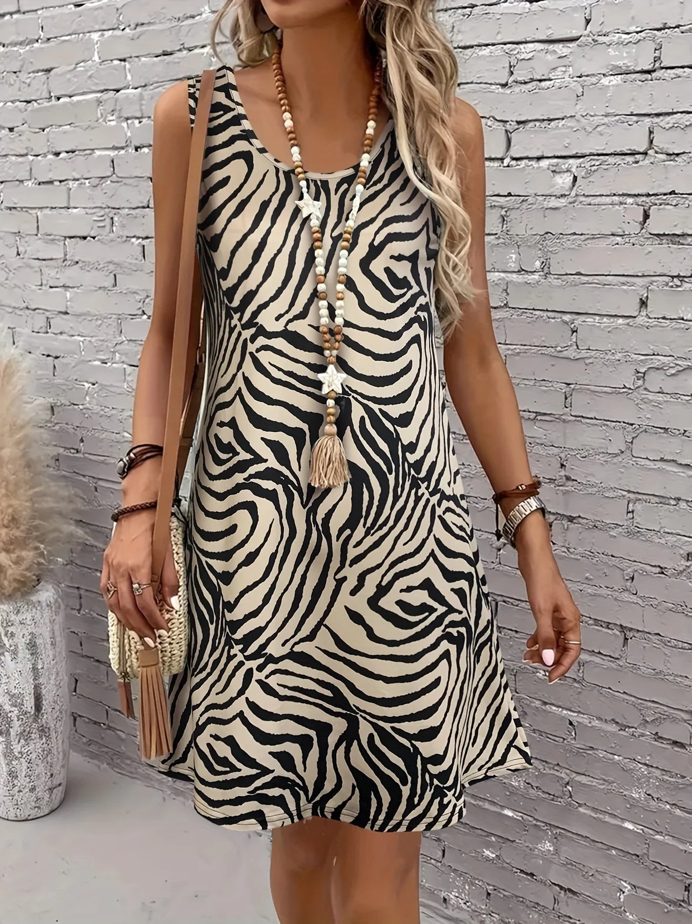 Women's Zebra Print Sleeveless Tank Dress - Round Neck Summer Sundress, Casual Vacation Outfit, Stretchy Bodycon Mini Dress