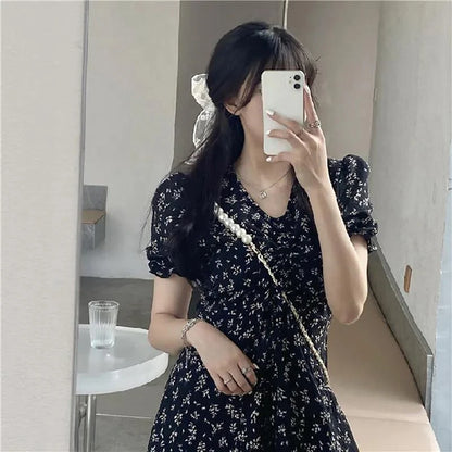 Elegant Floral Midi Dress for Women Korean Chic Printed V-neck Long Dress Female 2023 New Summer Short Sleeve Dresses