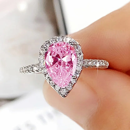 Huitan Pink/Crystal Waterdrop Cubic Zircon Rings for Women Classic Design Eternity Wedding Engagement Rings Silver Color Jewelry