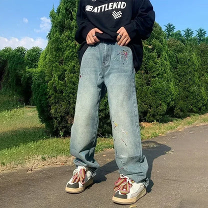 2024 New Men's Graffiti Embroidered Baggy Jeans Retro Straight-leg Denim Trousers High Street Distressed Y2K Jean pantalones