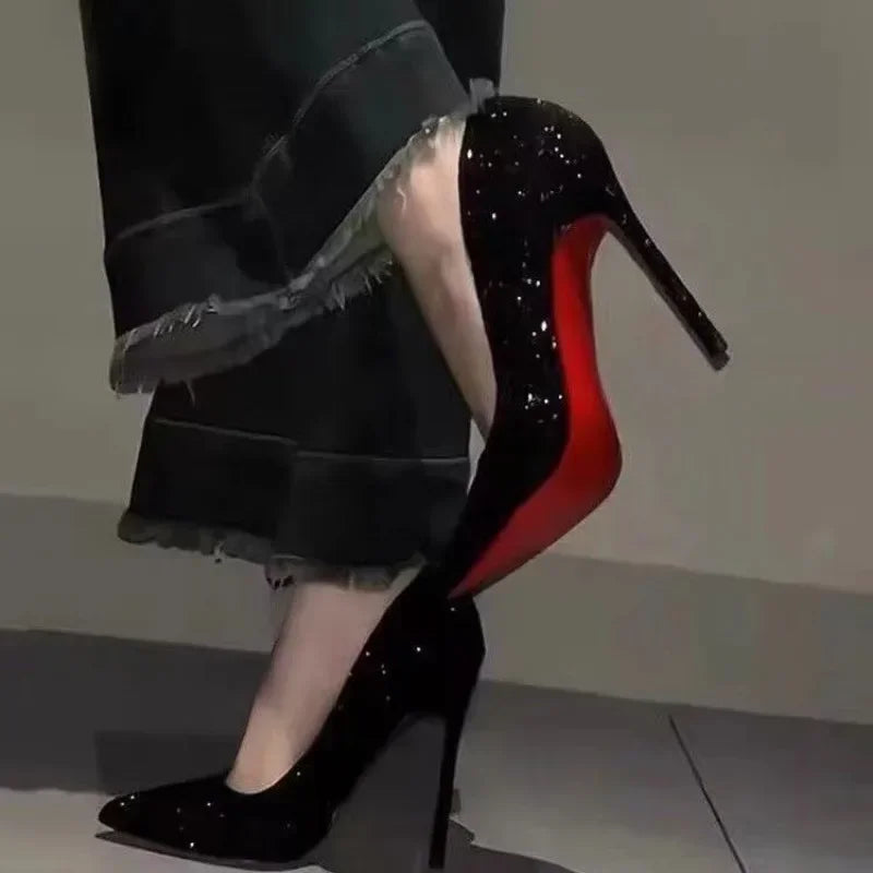 Large Size 2024 Stiletto High Heels Fashionable Sexy Sequins Banquet Professional Ladies Shoes High Heels Single Shoes
