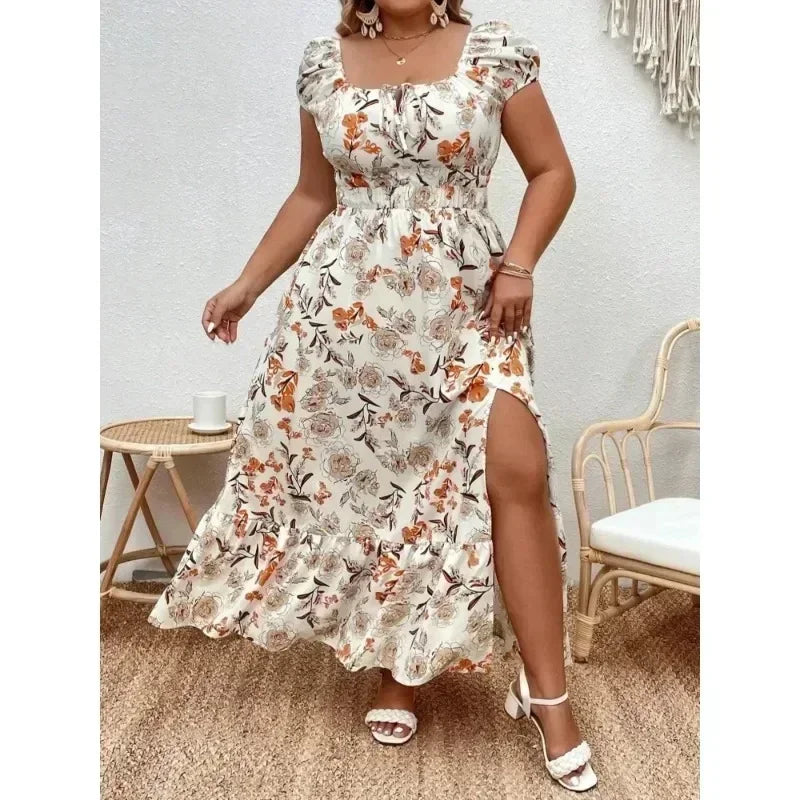 Plus Size Women 1XL-5XL  Suitable for Outdoor Flower Casual Long Party Dress Women Fashion Print Loose Summer Dress