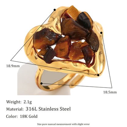 Stainless Steel Rings Plated 18k Gold Color Statement Jewelry Natural Stone Adjustable Waterproof Daily Rings For Women Gift