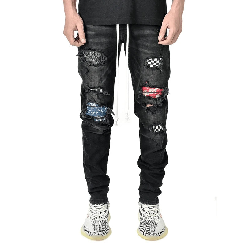 Mens Distressed Pleated Knee Patch Painted Stretch Skinny Jeans Ripped Denim Pants Brand Hip Hop Black Casual Trousers for men