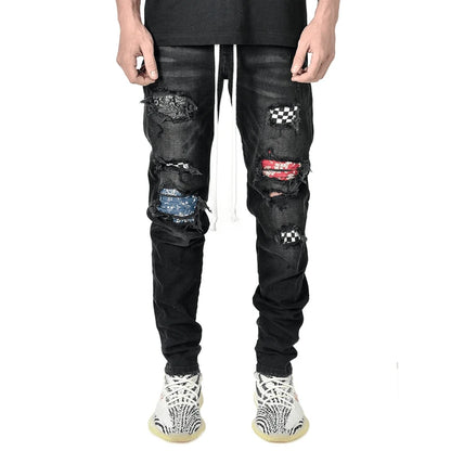 Mens Distressed Pleated Knee Patch Painted Stretch Skinny Jeans Ripped Denim Pants Brand Hip Hop Black Casual Trousers for men