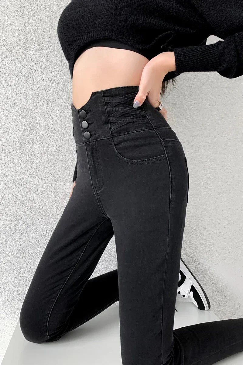 Skinny Pencil Y2K Jeans Four Buttons Vintage High Waist Women Slim Stretch Denim Pants Tight Trousers 2025 Women's Denim Pants