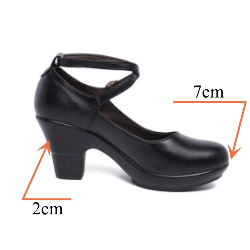 7cm Small Size 32-43 Gladiator Pumps Women Genuine Leather Shoes 2025 Med Block Heels Platform Shoes for Office Model Dance Mom