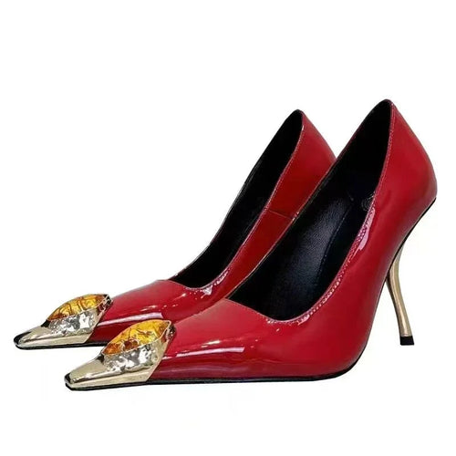 Iron Head Fashion Heterosexual Red High Heels Fox Head Jewel Decoration New Plus Size Banquet Shoes for Women High Heels