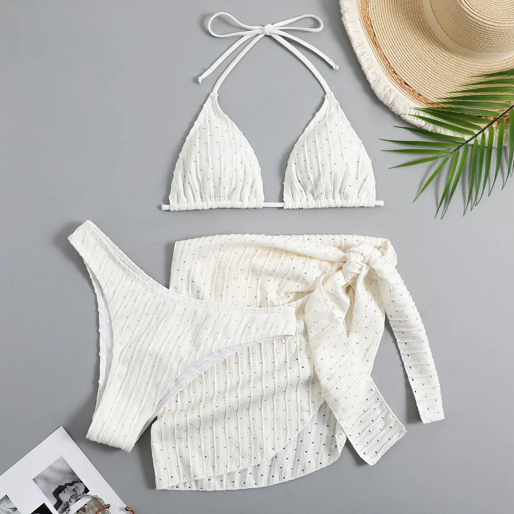 Summer Halter Bikini 3 Pieces Women Special Material Sexy Thong Swimwear With Sarong Skirt White/Black/Pink/Green Beachwear