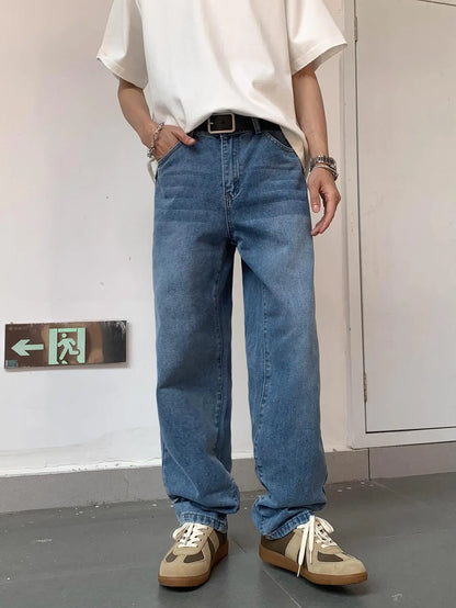 Men's Retro Blue Straight Fit Loose Jeans Classic High Street Straight Leg Versatile Washed Jeans Men Casual New Fashion Pants