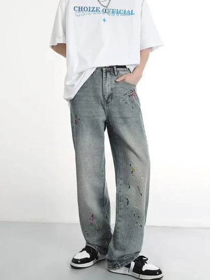 2024 New Men's Graffiti Embroidered Baggy Jeans Retro Straight-leg Denim Trousers High Street Distressed Y2K Jean pantalones