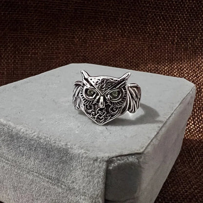 Retro Green Eye Owls Ring For Men Silver Color Punk Gothic Adjustable Ring Handmade Rock Hiphop Biker Jewelry Accessories Gift
