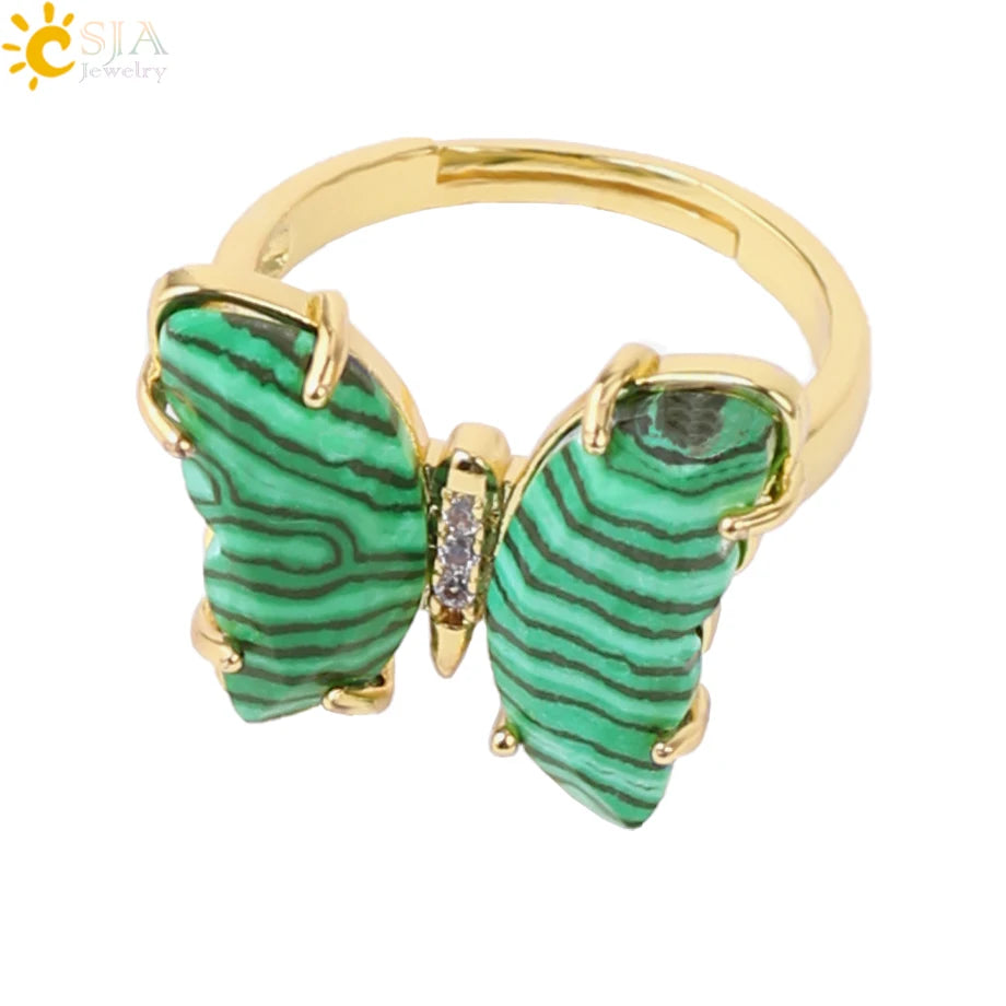 Gold Color Crystal Ring Natural Gemstone Butterfly Rings for Women Amethysts Lapis Lazui Pink Quartz Adjustable Engagement  H125