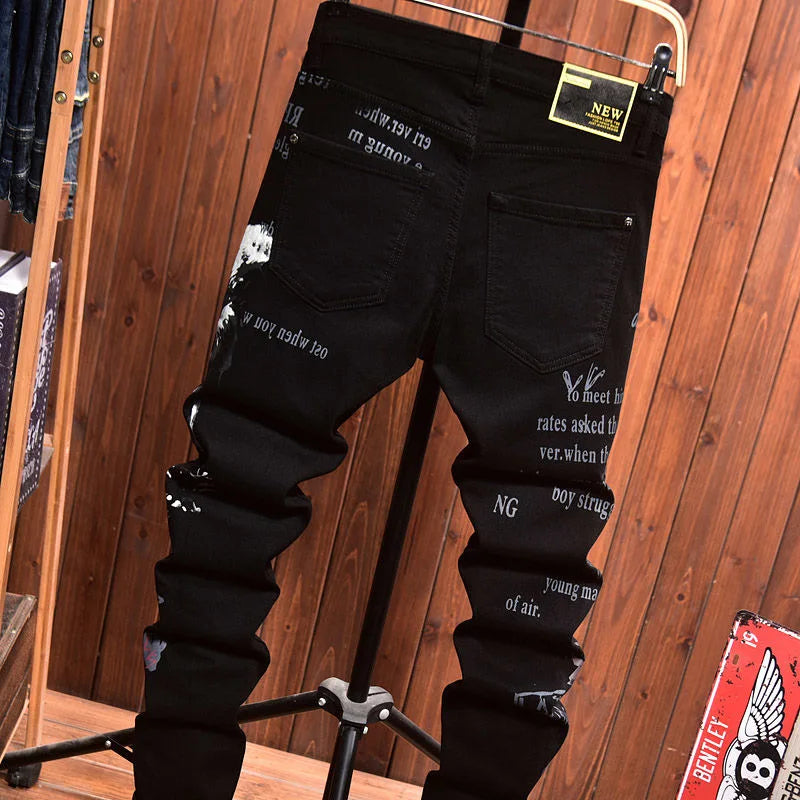 2025 Spring and Autumn New Fashion Trend Printed Black Straight Leg Jeans Men's Casual Comfort Breathable High Quality Pants