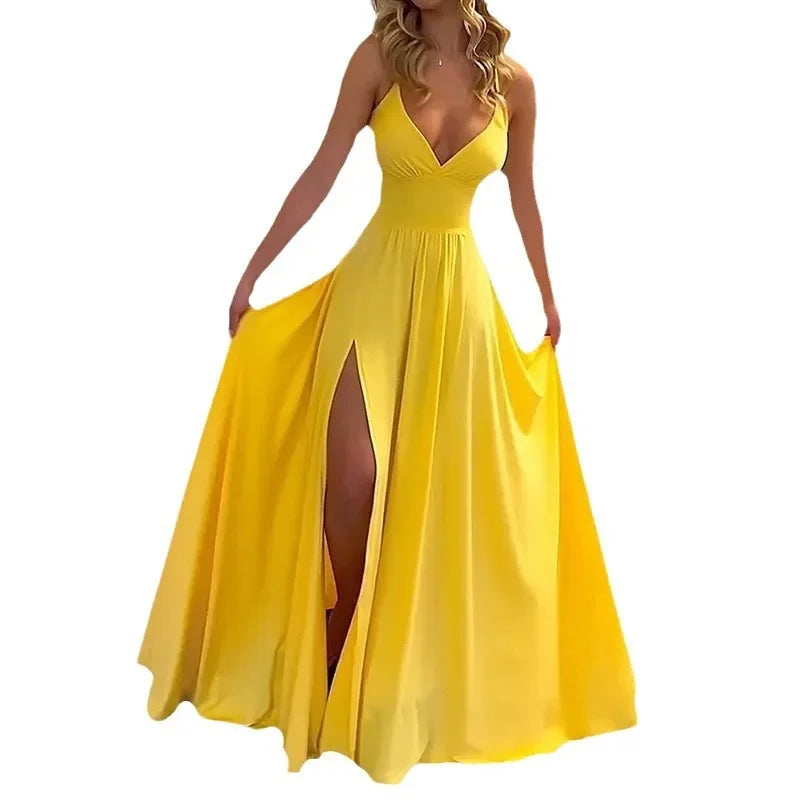 Fashionable Long V-Neck Backless Strap Dress Summer 2023 Cross-Border Women's Clothing Sleeveless Split Design Elegant Gown
