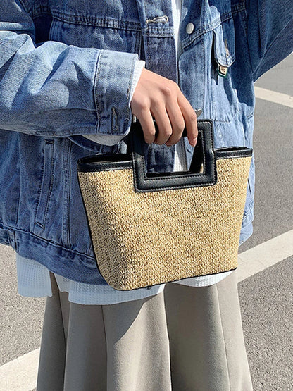Women Casual Travel Handbag PU Leather Simple Straw Bag Large Capacity Versatile Weaving Bag Female Leisure Bag