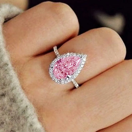 Huitan Pink/Crystal Waterdrop Cubic Zircon Rings for Women Classic Design Eternity Wedding Engagement Rings Silver Color Jewelry