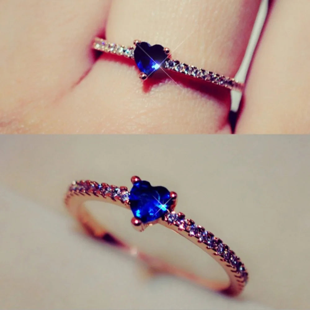 New Simple Cute Female Blue Crystal Stone Ring Ladies Engagement Ring Luxury Heart Shaped Zirconia Ring Couple Gift Accessories