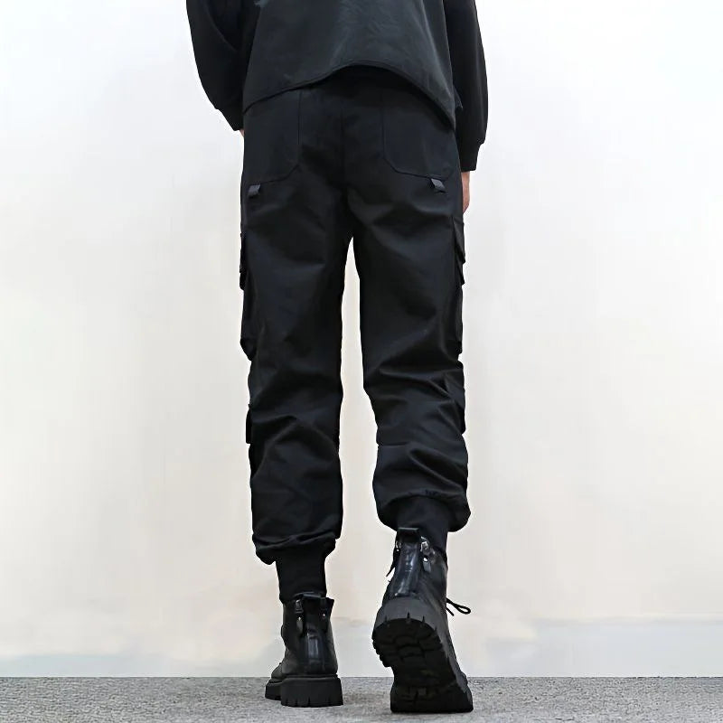 ARENS Multi Pockets Solid Color Casual Cargo Pants Mid-Rise Elastic Waistband Drawstring Shrinkable Cuffs Men Sweatpants