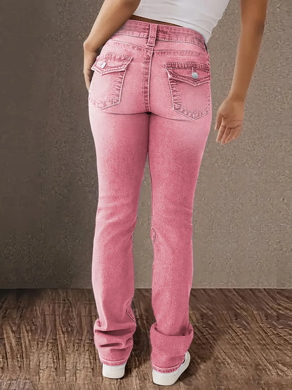 Women's stretch jeans pink wash, low-rise slim fit denim with hip lift effect, double-breasted placket, stylish and sexy jeans.