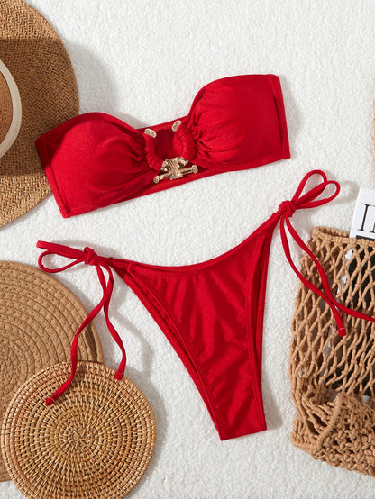 Solid O Ring  New Swimsuit For Women Tie Side Shiny Metal Hardware Ring Bandeau Bikini Swimwear Padded Bra Top Low Waisted