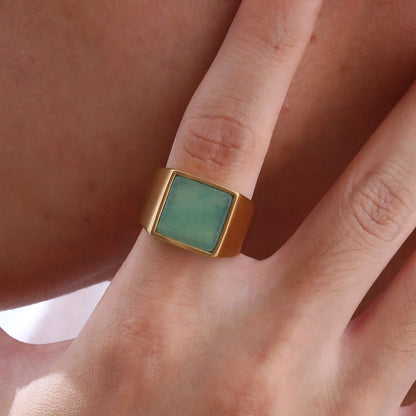 Natural Green Stone Ring for Men Boys,Gold Color Stainless Steel Stamp Ring Thumb Ring Square Ring,Punk Stylish Jewelry Gift