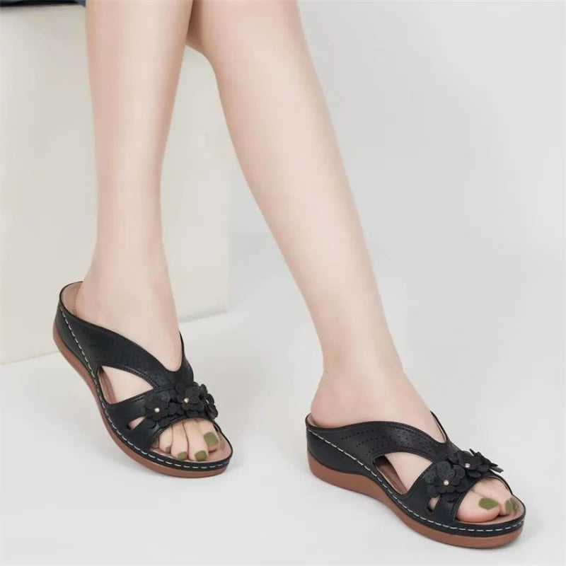 High Quality Women's Simple Shoes Summer Retro Roman Sandals Women Casual Flower Wedge Sandals Slippers Women Platform Slippers