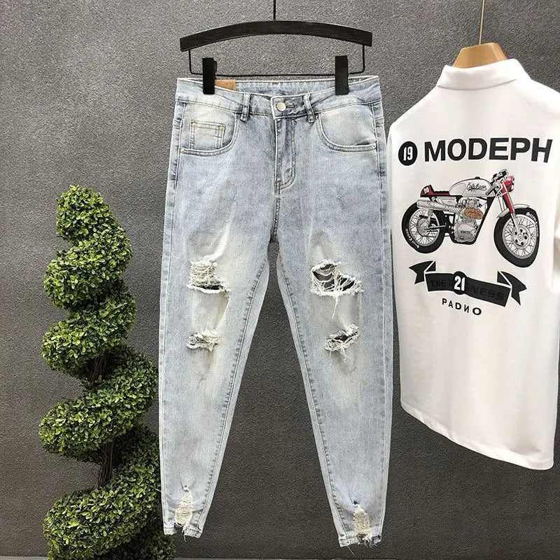 2024 New Summer Fashion Casual Slim Washed Cowboy Luxury Denim Jeans Men Solid Designer Clothes Ripped Knee Length Hem Trousers