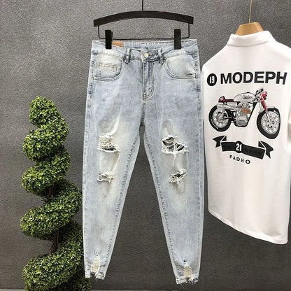 2024 New Summer Fashion Casual Slim Washed Cowboy Luxury Denim Jeans Men Solid Designer Clothes Ripped Knee Length Hem Trousers