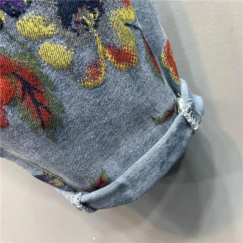 Autumn New Flower Print Jeans Women High-Waist Loose-Fit Denim Pants Large Size Personality Streetwear Harem Jeans Trousers Lady