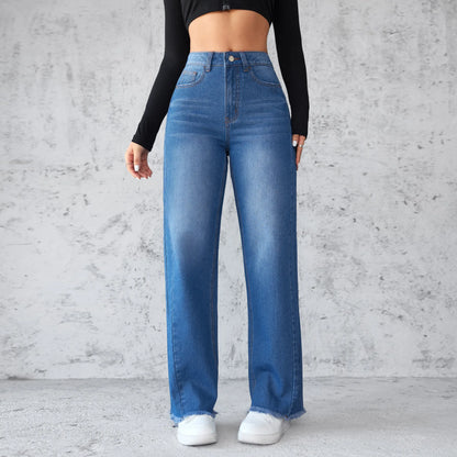 New Temperament High-waisted Wide-leg Jeans. Four Seasons Fashionable,simple,comfortable and Casual Straight-leg Jeans for Women