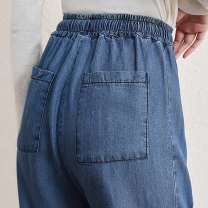 New 2025 Spring Summer Denim Jeans For Women Blue Or Sky Blue Color High Elastic Waist Wild Denim Pants Trousers Hot Sale