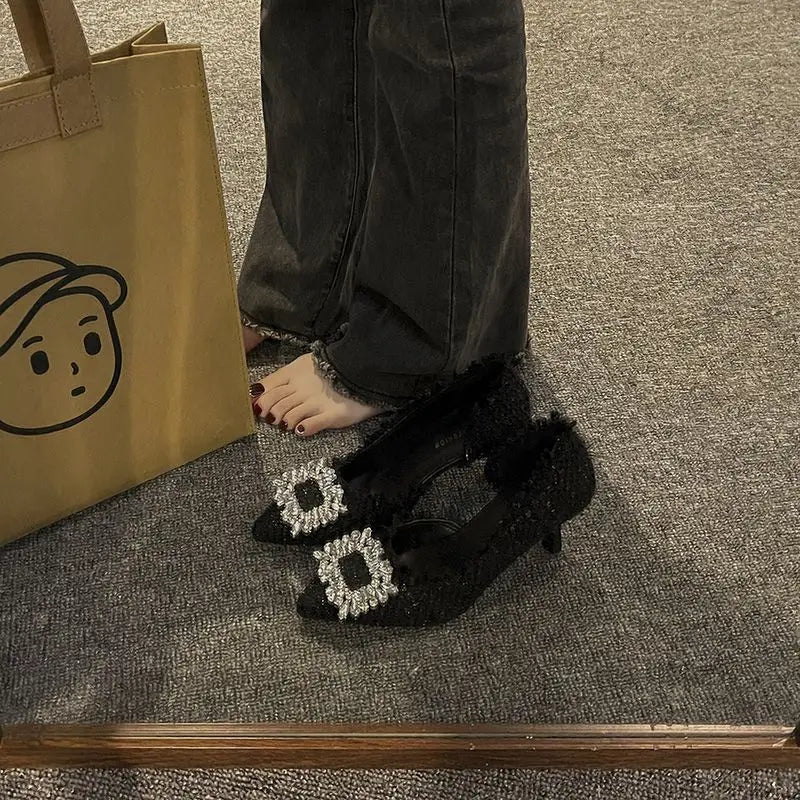 Stiletto Heels 2024 White Wedding Shoes Fashion Pointy Square Button Rhinestone Sandals Temperament Women's Women's Shoes