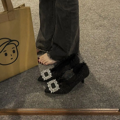 Stiletto Heels 2024 White Wedding Shoes Fashion Pointy Square Button Rhinestone Sandals Temperament Women's Women's Shoes