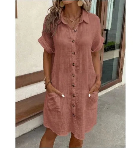 Summer Simple V-neck Button Up Dress Woman Cotton Linen White Short Sleeved Pocket Casual Solid Loose Shirt Mini Dress 2025