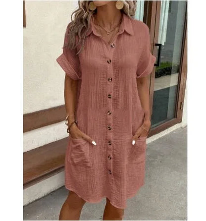 Summer Simple V-neck Button Up Dress Woman Cotton Linen White Short Sleeved Pocket Casual Solid Loose Shirt Mini Dress 2025