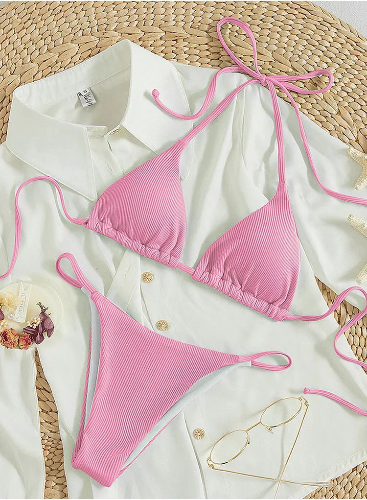 Special Pit Stripe Fabric Bikini Set Women Sexy Simple Solid Halter Bikini Swimsuit High Waisted Lace Up Beach Bathing Suit